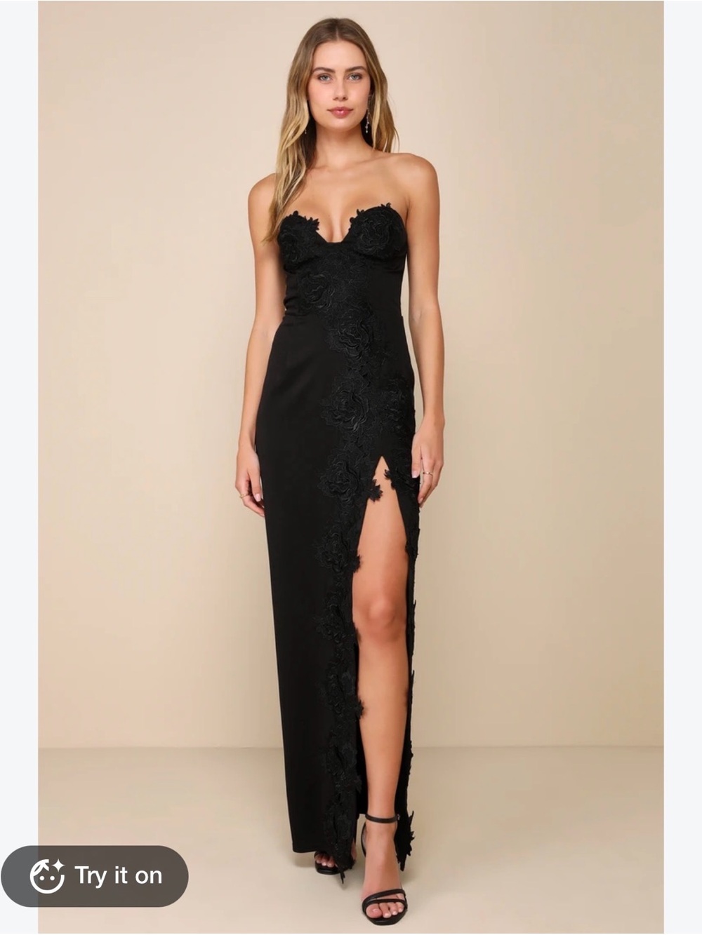 Lulu’s Strapless Black Lace-Trim Maxi Dress